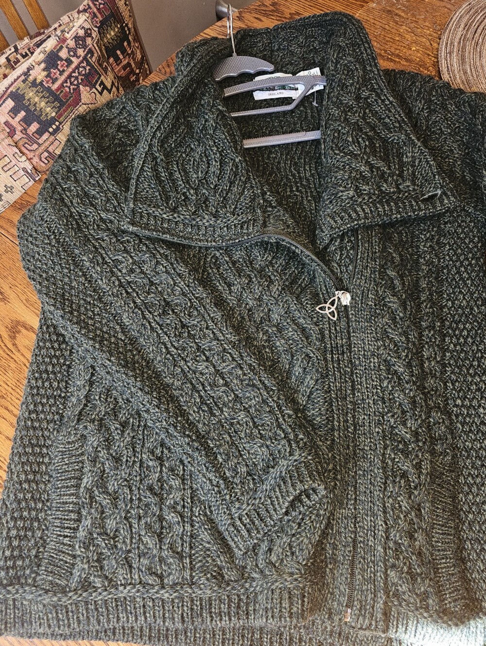 Aran Crafts Heathered Green Cable Knit / Side Zip Sweater Cardigan - Medium - Picture 4 of 11